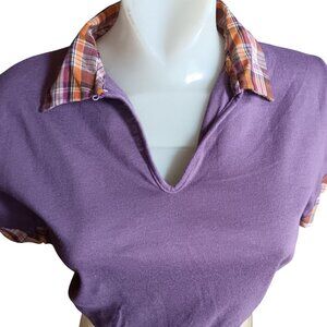 Small True Vintage Top Disco Purple Plaid Collar Cuffs 1970's Buttery Thin Crop